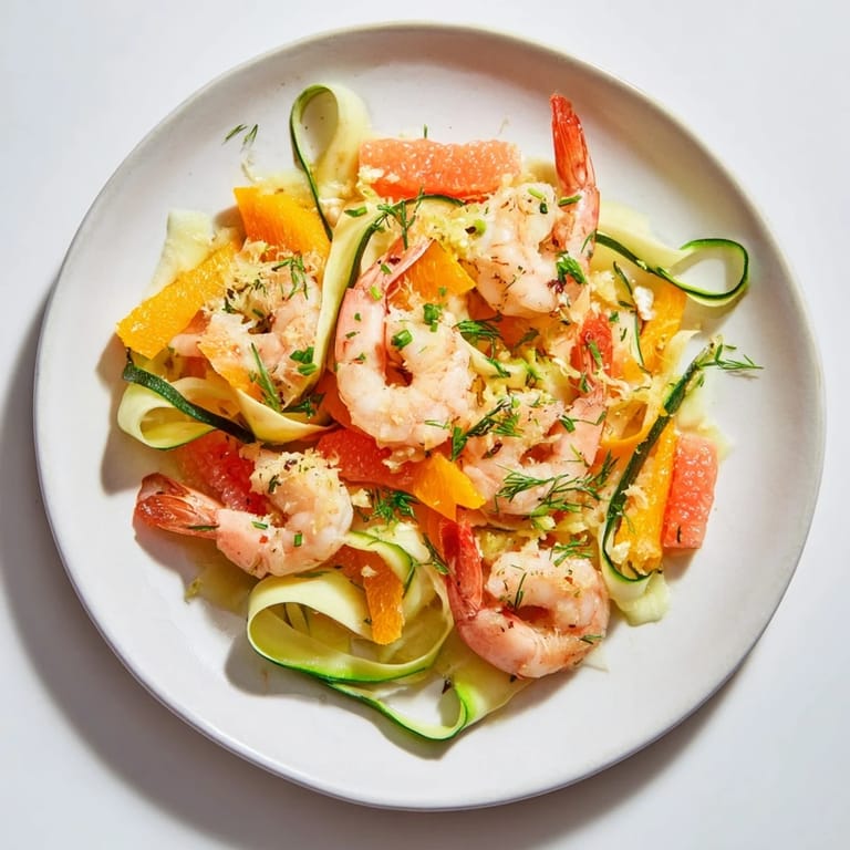 Beautiful ocean-themed "Coral Reef" recipe with shrimp, oranges, and a bubbly cheese crust.