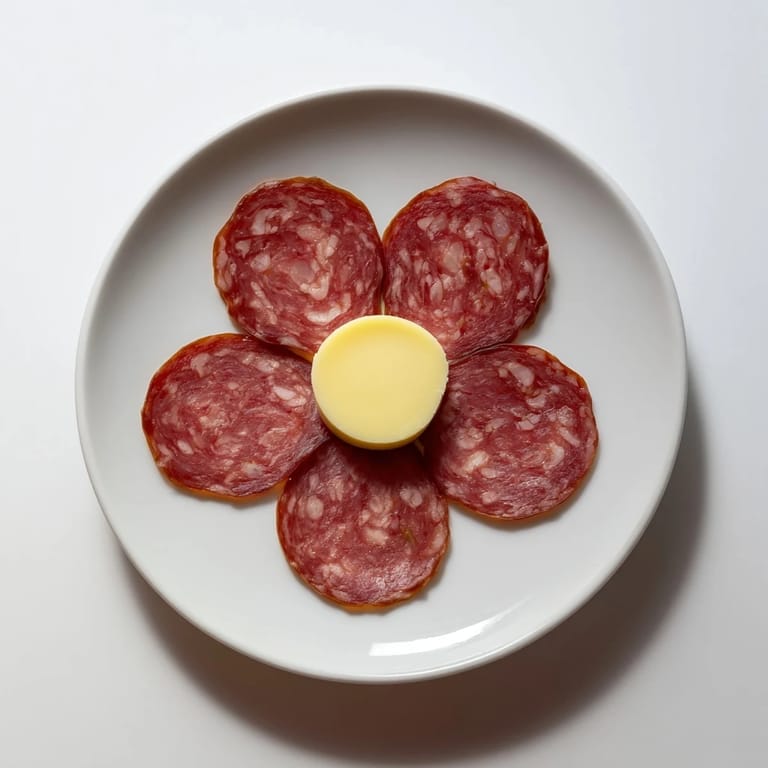 For entertaining, a beautiful Tudor Rose appetizer: five salami petals surround a yellow cheese button.