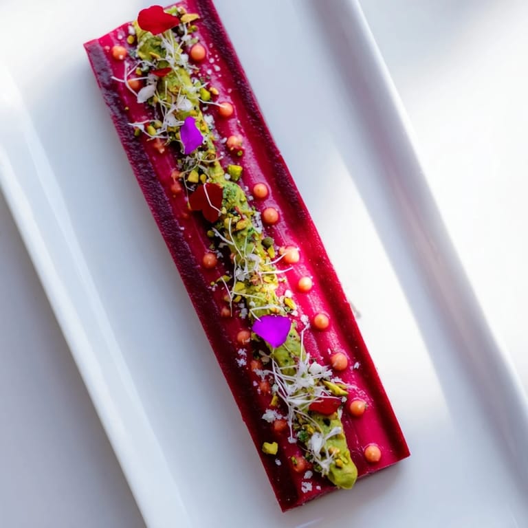 Creative plating of the Modernist Stripe; colorful vegetable purées creating an artistic dish.