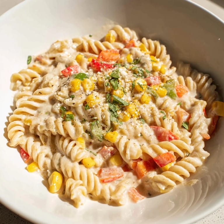 Close-up of the delicious One-Pot Mexican Street Corn Pasta, showcasing its vibrant cheesy sauce.