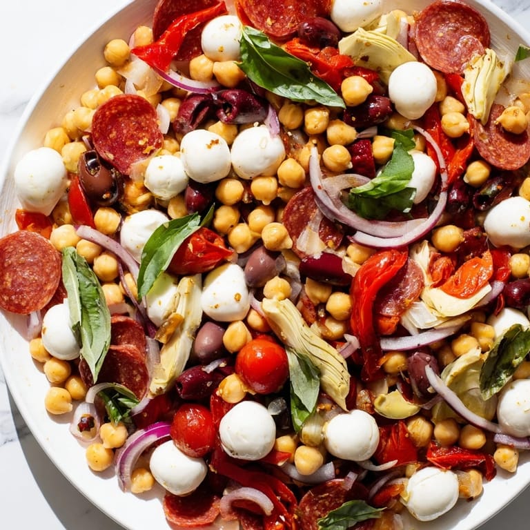 Up-close shot of a delicious Antipasto Chickpea Salad, ready to serve as a perfect Italian lunch.