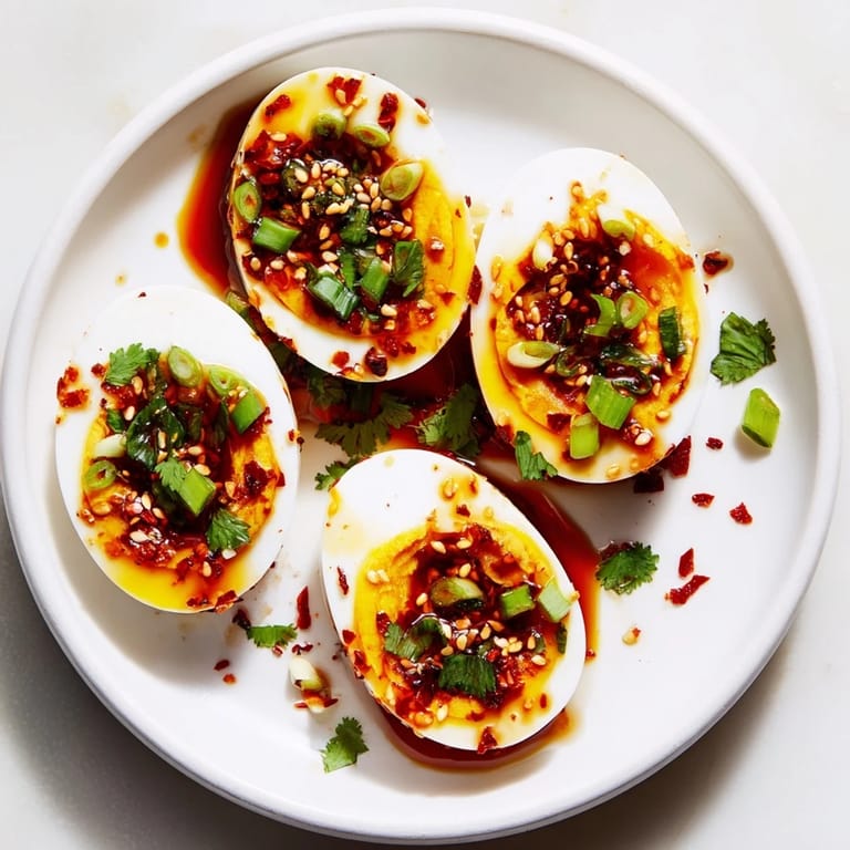 A close-up shot of Chili Oil Eggs revealing perfectly cooked yolks, ready to savor for brunch.