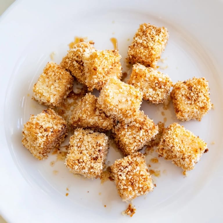 A close-up of golden-brown, plant-based crispy tofu nuggets, the perfect vegan snack or appetizer.