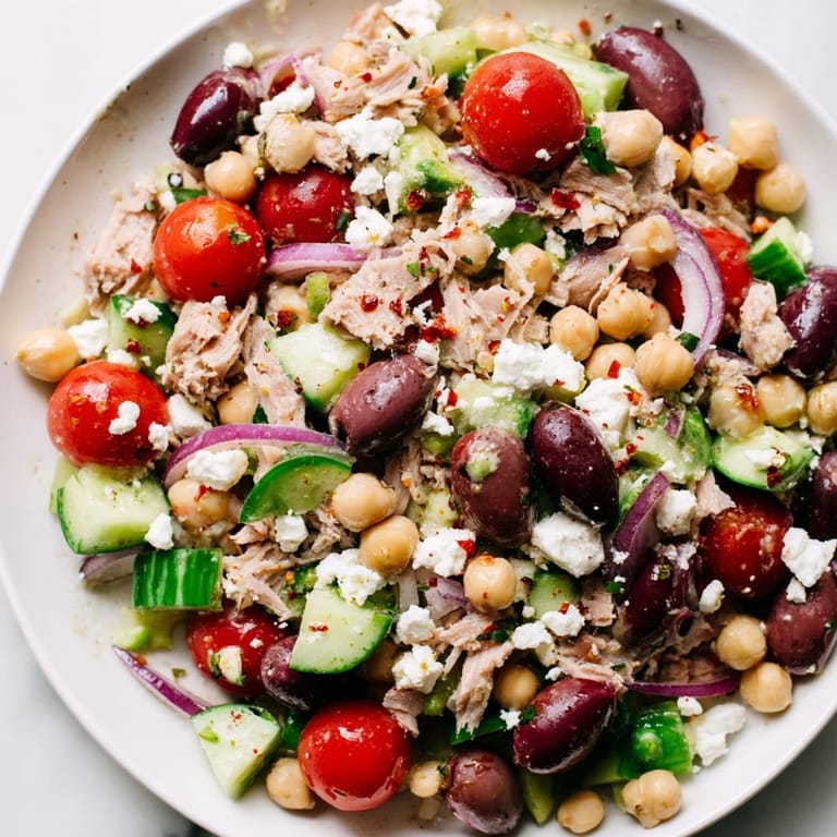 Close-up of a Tuna Chickpea Salad showing colorful ingredients perfect for a quick lunch.