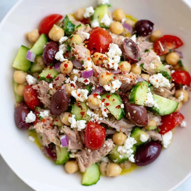 Healthy and delicious Tuna Chickpea Salad ready to eat, a high-protein, gluten-free meal.