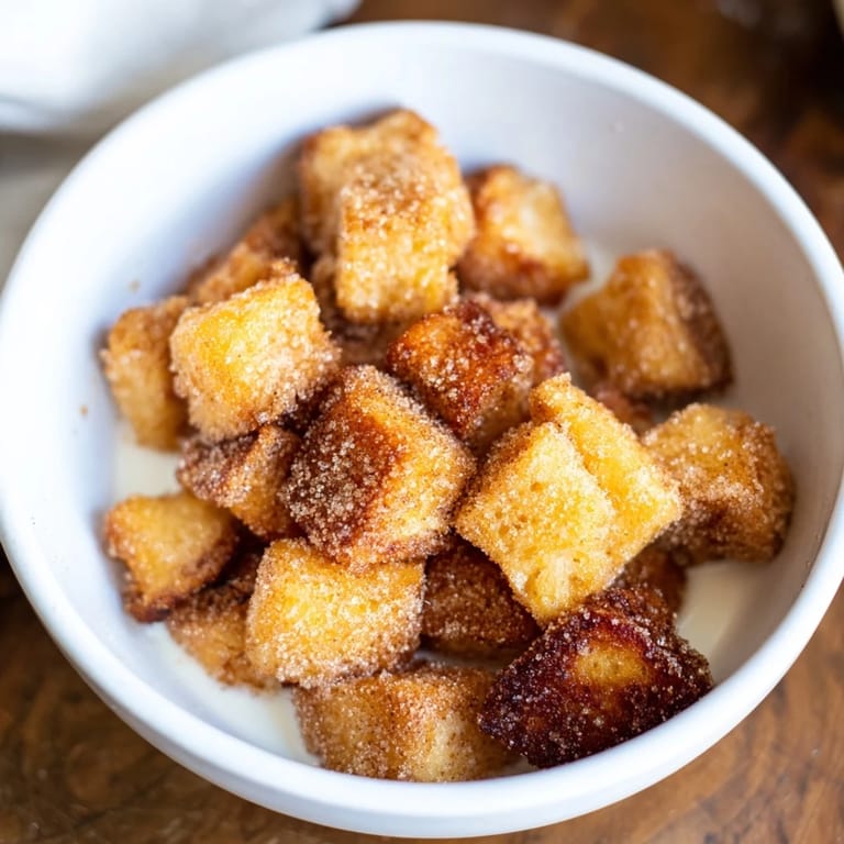 A warm bowl of French Toast Cereal: crunchy, cinnamon-sugar coated bites for a sweet morning treat.