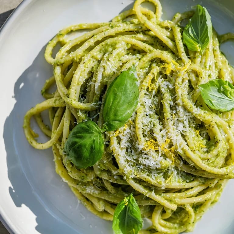 Close-up of Creamy Avocado Pasta, tempting with bright green sauce and a sprinkle of Parmesan cheese.