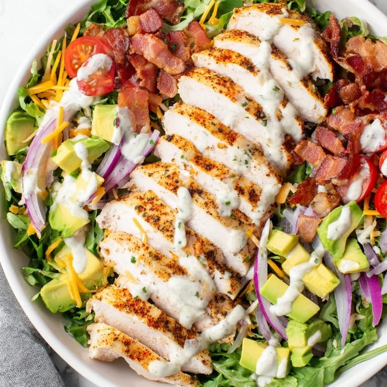A close-up shot of the flavorful Crispy Bacon Chicken Salad with bacon, chicken and avocado.