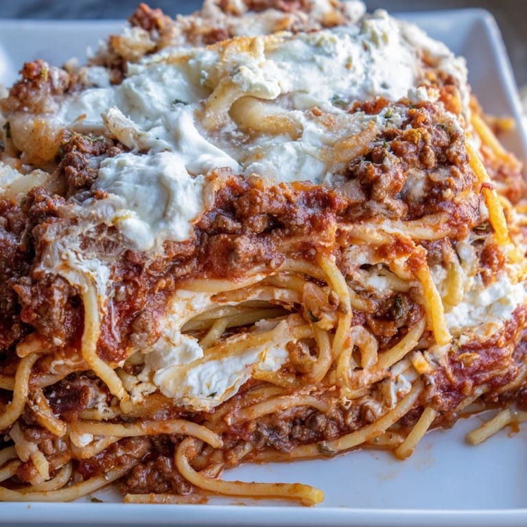 Golden brown and bubbly, a baking dish of the family-favorite Million Dollar Spaghetti ready to serve.