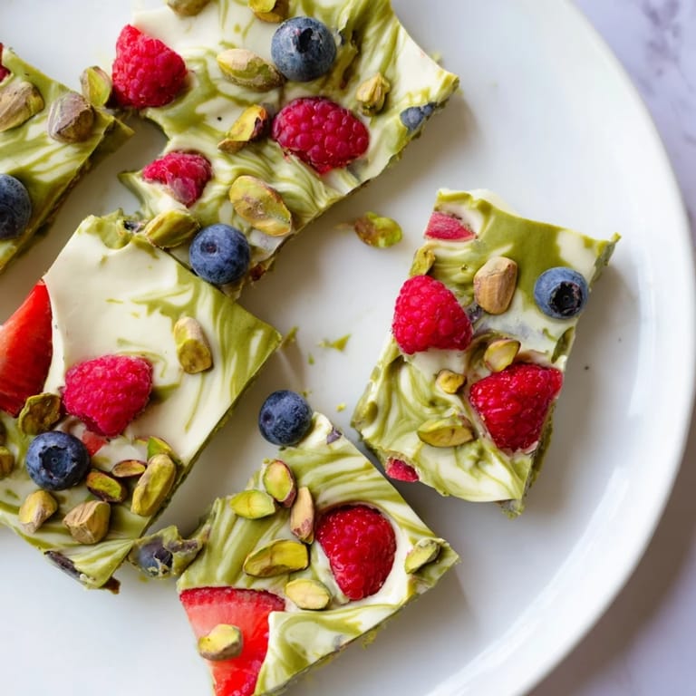 Homemade frozen yogurt bark, featuring layers of matcha, fruit purees, and crunchy nuts.