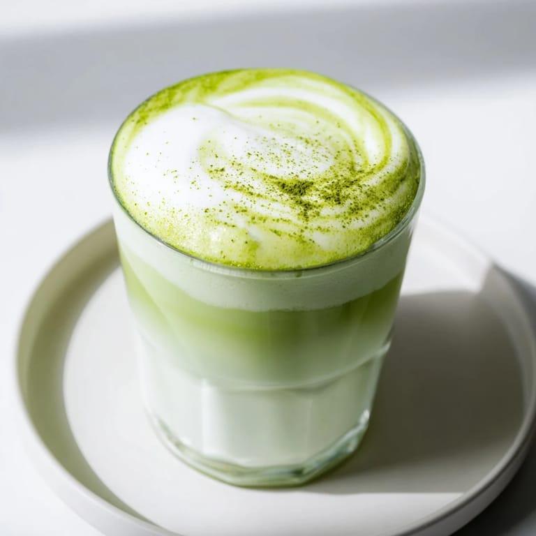 Vibrant green creamy matcha latte, with a generous, fluffy cold foam topping, a delicious treat.
