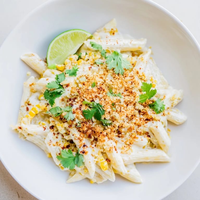 Creamy Mexican Street Corn Pasta, featuring tender pasta coated in a vibrant, zesty, and cheesy sauce.