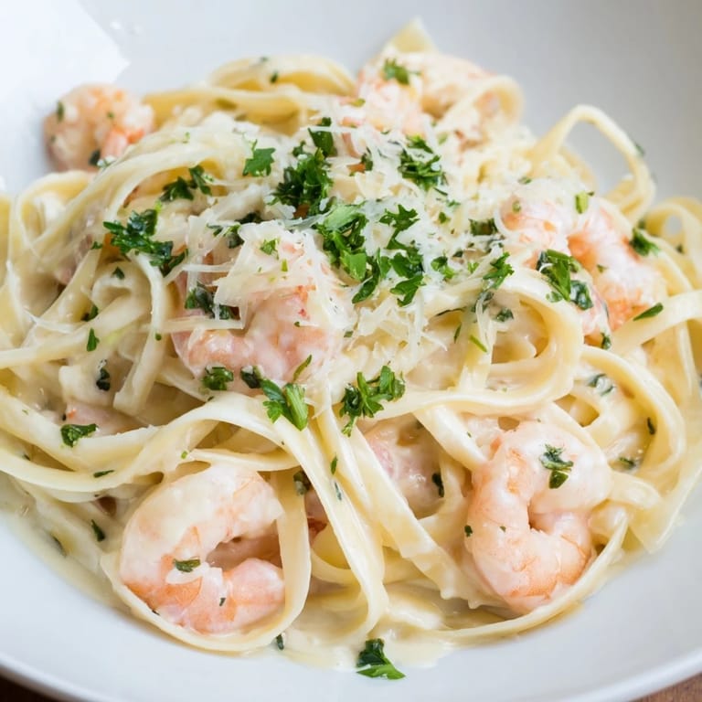 Succulent shrimp and pasta glistening with buttery cream sauce, served on a rustic wooden table with a lemon wedge.