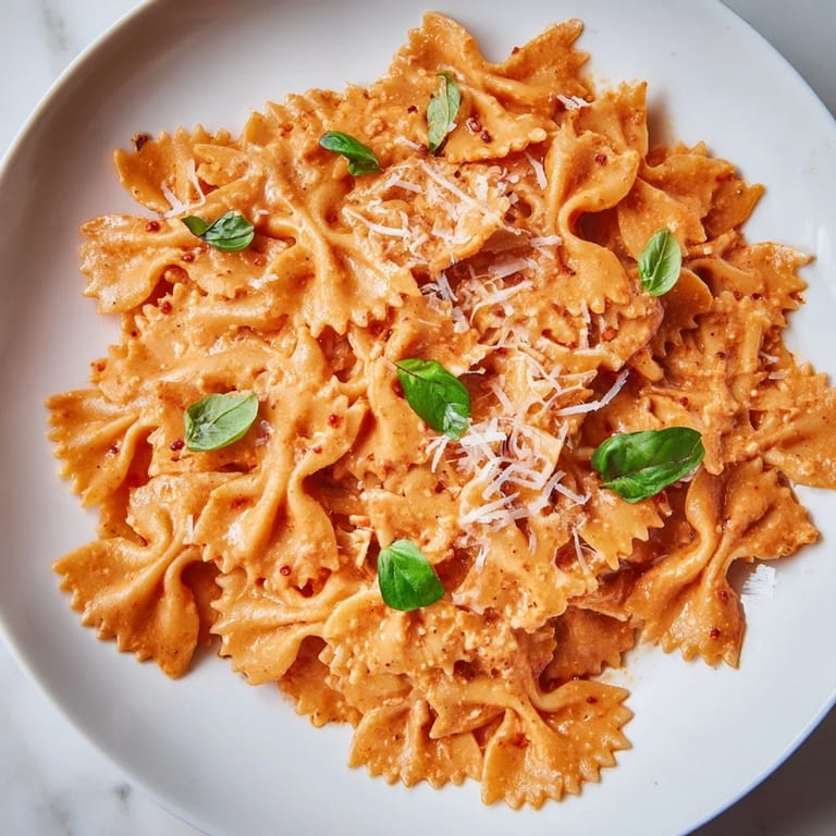 Leuchtend rote, cremige bowtie-Pasta mit Tomaten-Basilikum-Sauce, bestreut mit geriebenem Parmesan und frischen Kräutern.