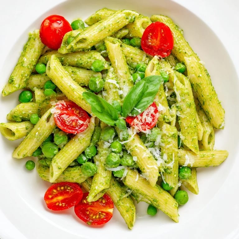 Close-up of Green Pesto Pasta Salad showing juicy cherry tomatoes and grated Parmesan cheese over a colorful Italian-inspired vegetarian side dish.