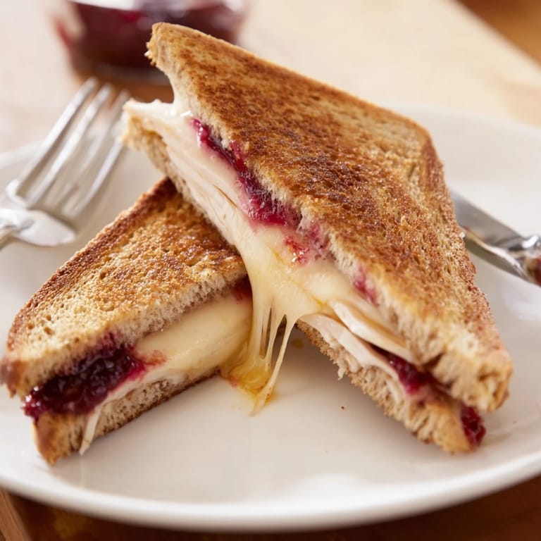 A golden Smoked Turkey Grilled Cheese sandwich on whole wheat, layered with turkey, cheddar, and cranberry mustard spread.