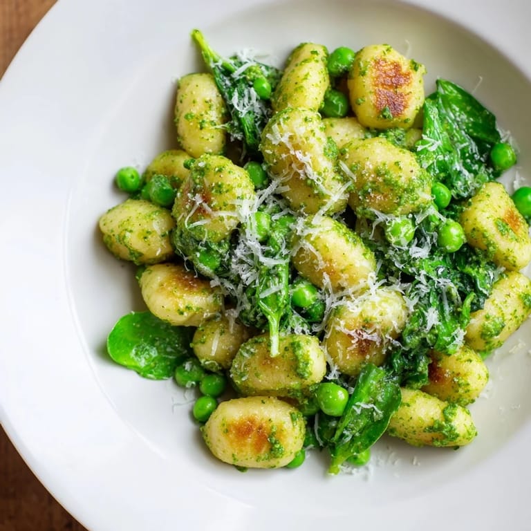A close-up view of the finished gnocchi dish with pesto and peas.