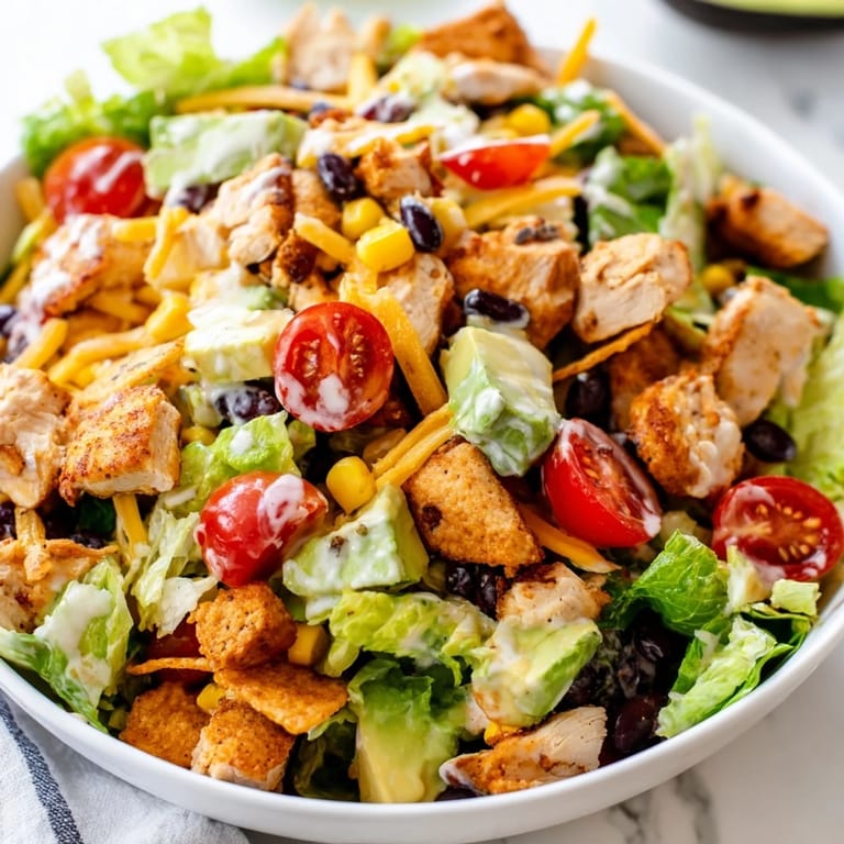 Frisch zubereitete Tex-Mex Chicken Taco Chopped Salad mit cremiger Salsa-Ranch-Dressing und gerösteten Tortilla-Chips auf dem Teller.