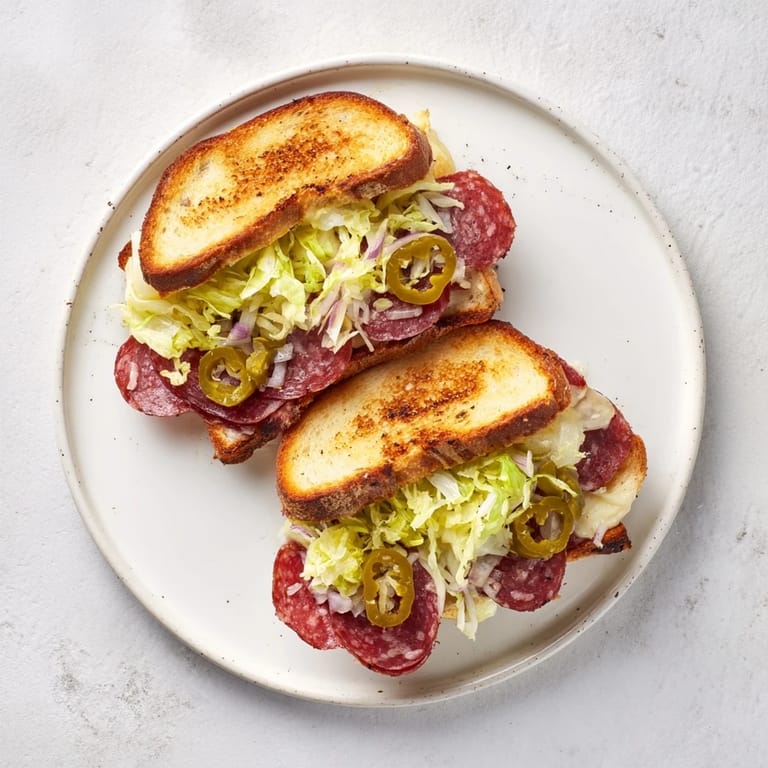 Italienisches Sub-Grilled-Cheese-Sandwich serviert mit knuspriger Salattopping-Mischung und golden gebratenem, butterigem Brot.  