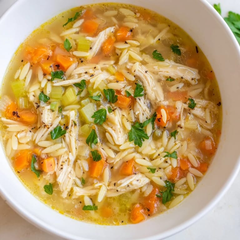 Geschmortes Hähnchen und Orzo in einer zitronigen Brühe, gewürzt mit schwarzem Pfeffer für den perfekten Winter-Comfort.