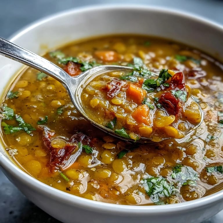 Würzige Mungobohnensuppe aus dem Topf, dampfend und mit einem Spritzer Zitrone garniert für Geschmack.