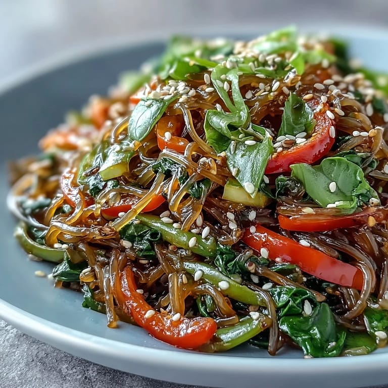 Verlockende Kelpnudel-Pfanne, fertig zum Genießen mit frischen Kräutern und Limettenspalten.