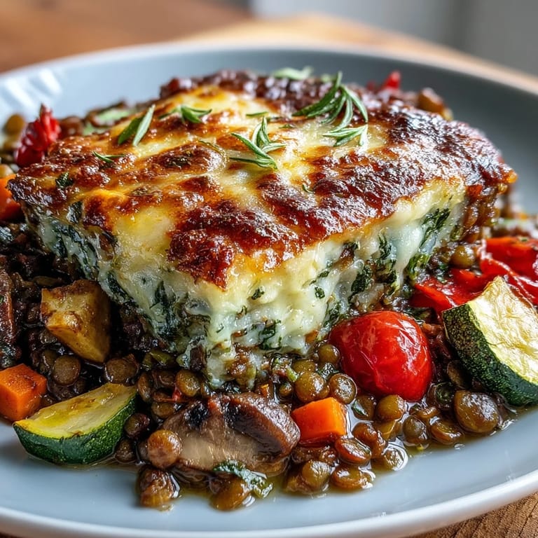 Goldbrauner vegetarischer Auflauf mit Linsen und bunten Gemüsewürfeln.