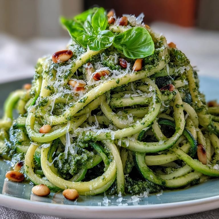 Gesunde, kohlenhydratarme Zucchini-Nudeln mit Pesto, heiß serviert und mit Parmesan garniert.