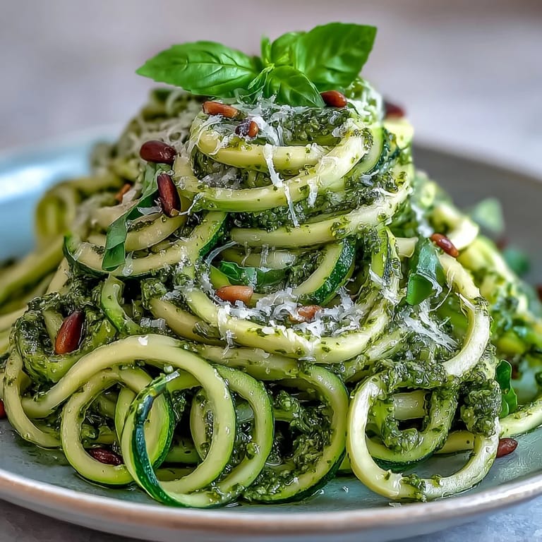 Leckere Zucchini-Nudeln mit Pesto, eine schnelle italienisch inspirierte Mahlzeit, sieht köstlich aus.