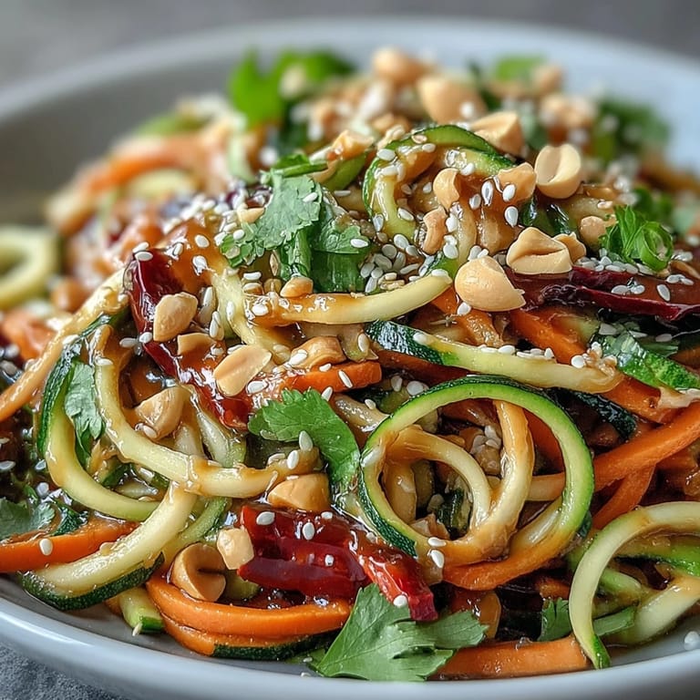 Eine köstliche Rohkost-Nudel-Salat-Mischung, servierfertig mit frischen Kräutern und Samen.