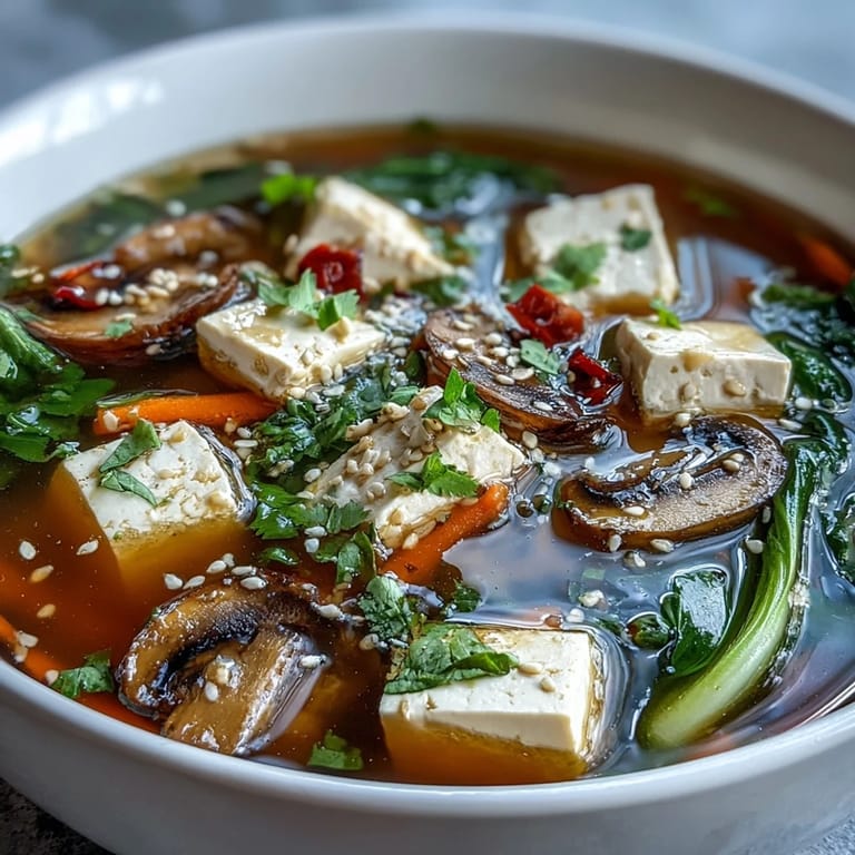 Colorful julienned carrots and bok choy float atop a savory broth in this comforting, vegan Tofu and Vegetable Soup.