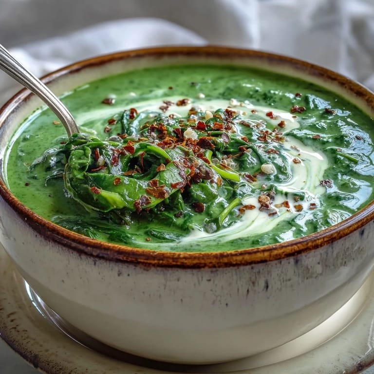 Heißer Topf mit veloutiger Spinat-Suppe, dampfend serviert mit einem Spiralmuster aus Sahne und schwarzem Pfeffer.