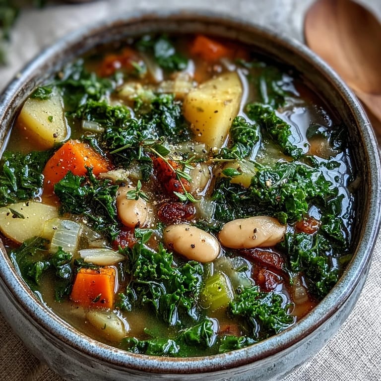 Steaming bowl of Kale Soup garnished with fresh thyme, served alongside crusty gluten-free bread for dipping.