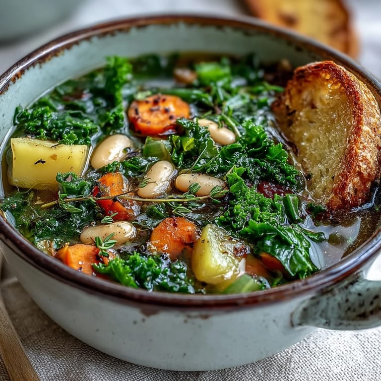 Vibrant vegetarian Kale Soup with kale, celery, and carrots, offering a nourishing, gluten-free lunch option.