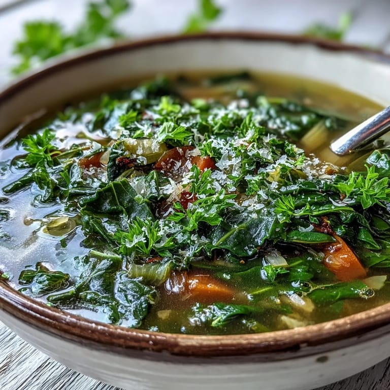 Frisch gepresste Zitronenscheibe ruht auf der dampfenden Swiss Chard Soup.