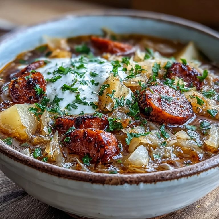 Würzige Sauerkrautsuppe mit Kielbasa und Kartoffeln im Topf auf Holztisch.