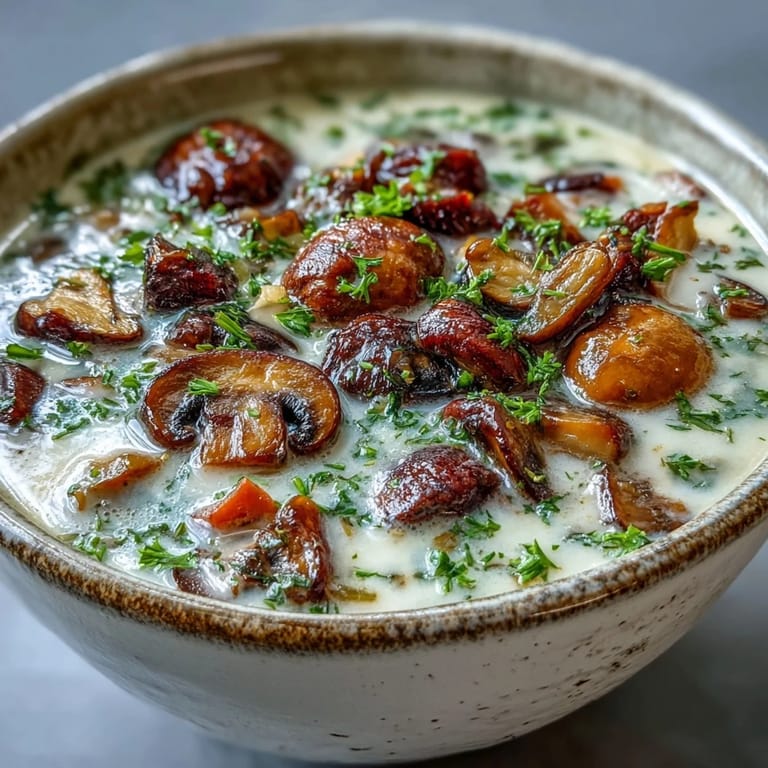 Warme Mushroom Soup in Schalen, neben knusprigem Baguette für ein gemütliches Abendessen gestellt