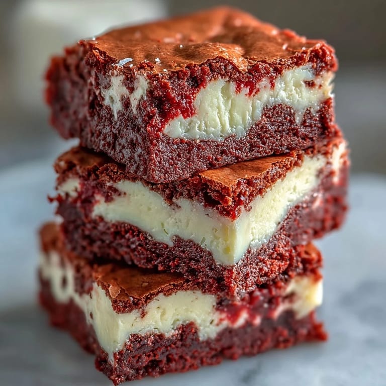 Frisch gebackene Rote Samt Cheesecake Brownies in quadratischer Form, serviert mit einer Prise Puderzucker für süße Festlichkeit.