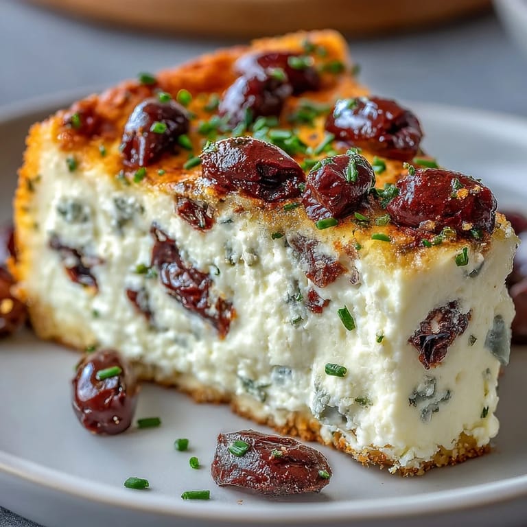 Vibrant Kalamata Cheesecake Appetizer featuring tangy olives and herbs.
