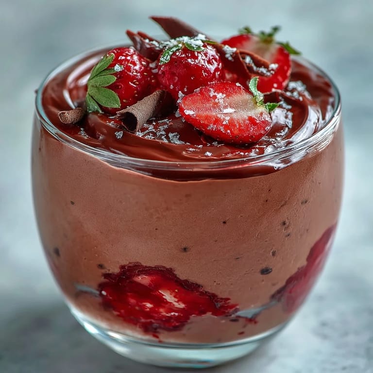 Silky chocolate ganache glistens over a fluffy, pink Strawberry Mousse in a dessert glass garnish.