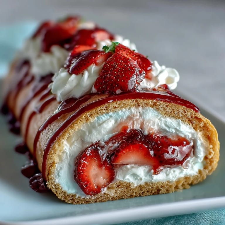 Close-up of Strawberry Shortcake Sushi Roll drizzled with white chocolate and mint, ready for a decadent dessert platter.