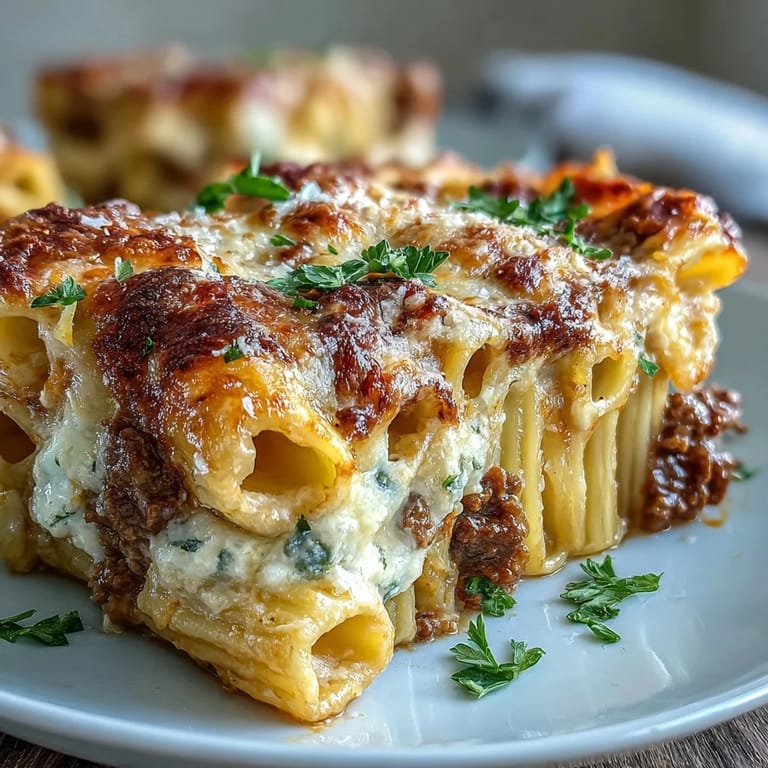 Cottage Cheese Protein Pasta Bake mit Hackfleisch, frisch gebacken mit goldenem Rand und Garnitur aus gehackter Petersilie.