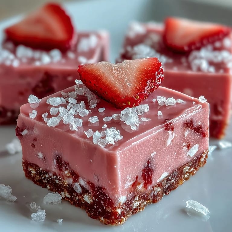 Kühle No-Bake Strawberry Fudge Squares mit zartem rosa Fudge, Guss aus weißer Schokolade und Butterkrumble-Kante. 