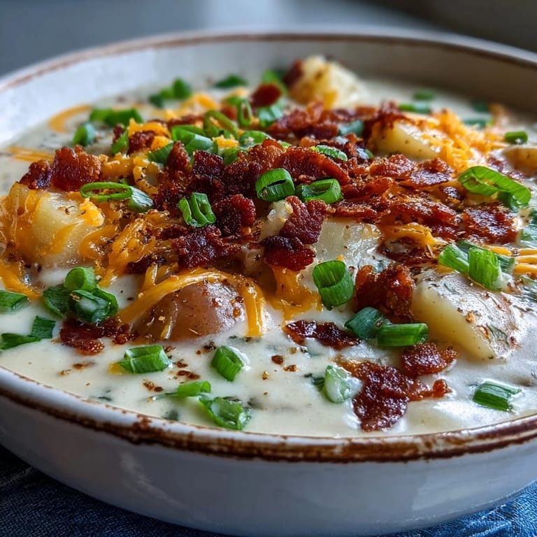 Rustic Loaded Potato Soup in a white bowl, garnished with bacon crumbles and sour cream.