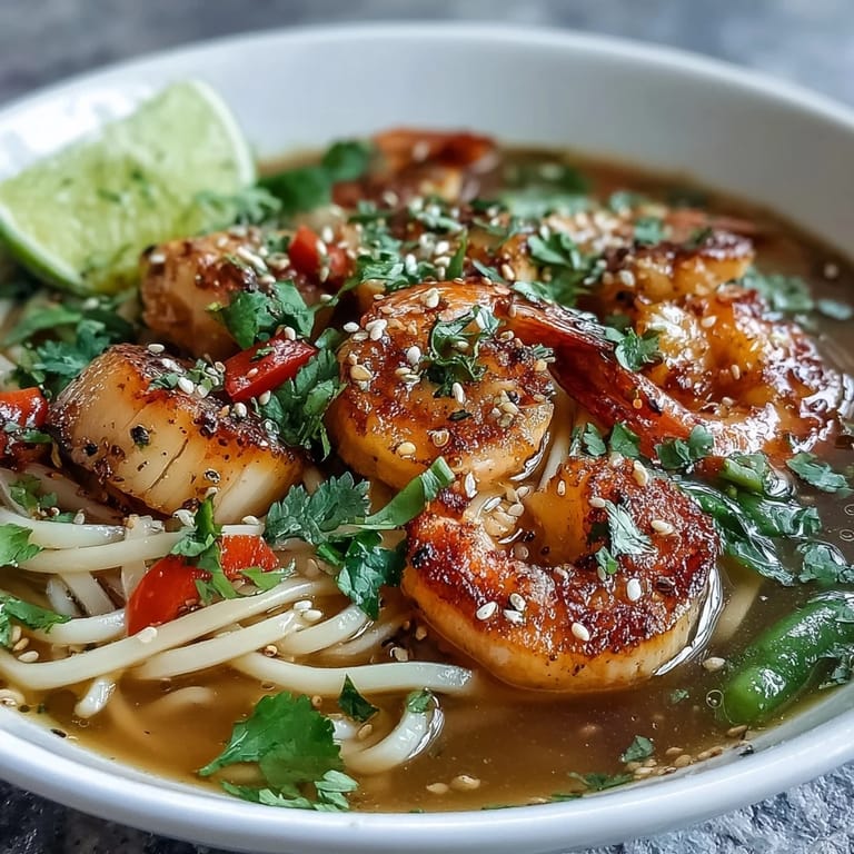 Der Asian Noodle Bowl mit Garnelen und Schalentieren glänzt in einer duftenden Brühe mit knackigem Gemüse.
