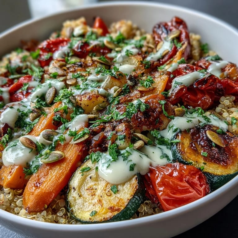 Mediterrane Quinoa-Schüssel mit bunten, knusprigen Gemüsestücken und frischer Petersilie garniert.