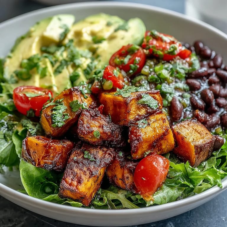 Vibrante Bowl: goldene Süßkartoffel-Würfel, schwarze Bohnen, frische Salsa und cremiges Avocado, belegt mit Koriander und Limettenspalten für einen frischen Kick.