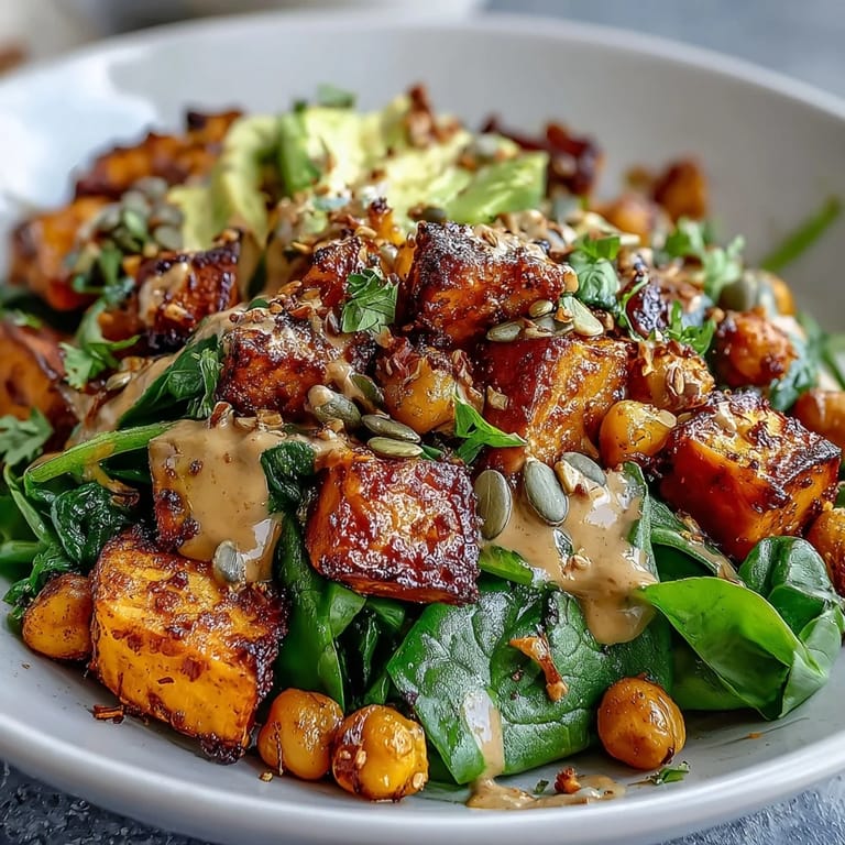 Farbenprächtige Schüssel mit Roasted Sweet Potato and Chickpea Bowl, Avocado-Scheiben und Kürbiskernen, perfekt für gesunde Meal-Prep-Abendessen