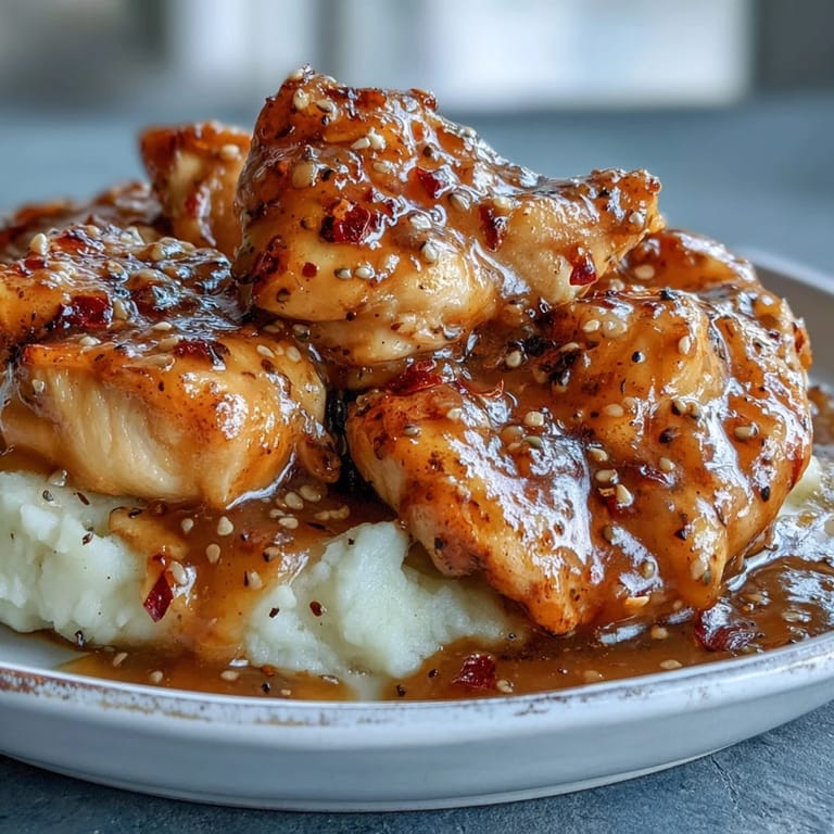 Slow Cooker Honey Mustard Chicken garnished with fresh thyme, a side of roasted vegetables, and a glossy finish