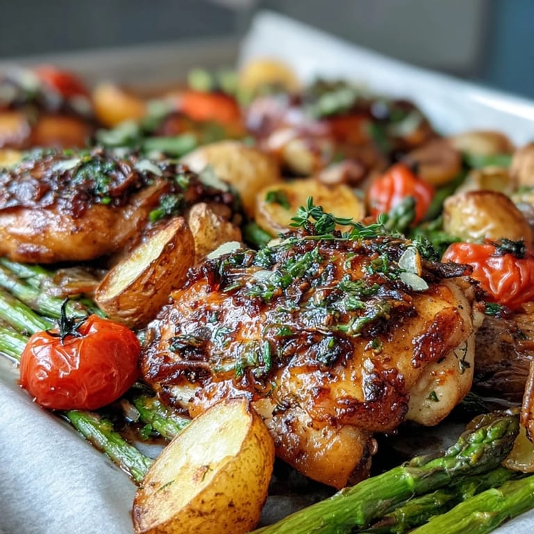 Saftiges Hähnchen und knackiges Frühlingsgemüse in goldener Ofenbräune auf einem Blech.